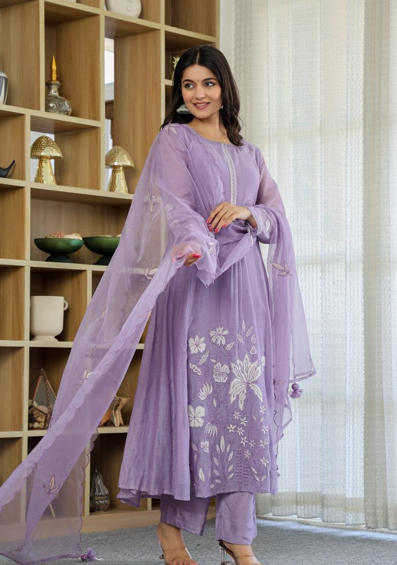 Lavender Thread Work Silk Blend Anarkali Set - Indya