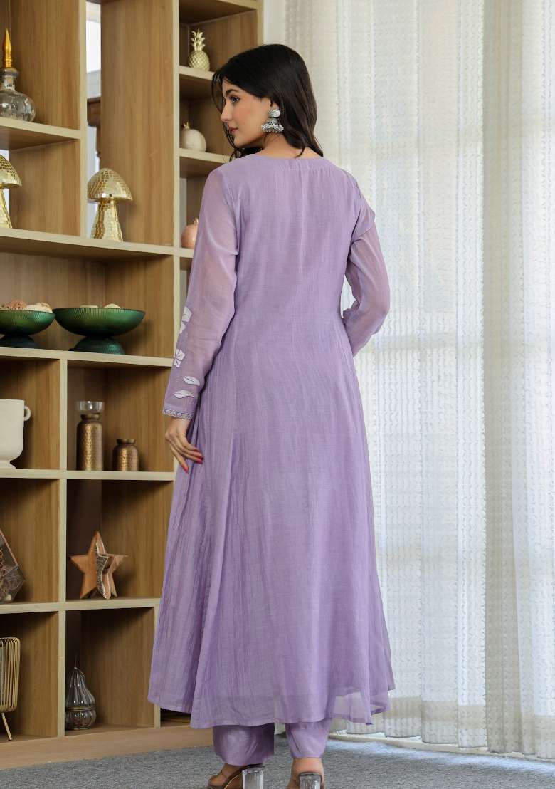 Lavender Thread Work Silk Blend Anarkali Set - Indya