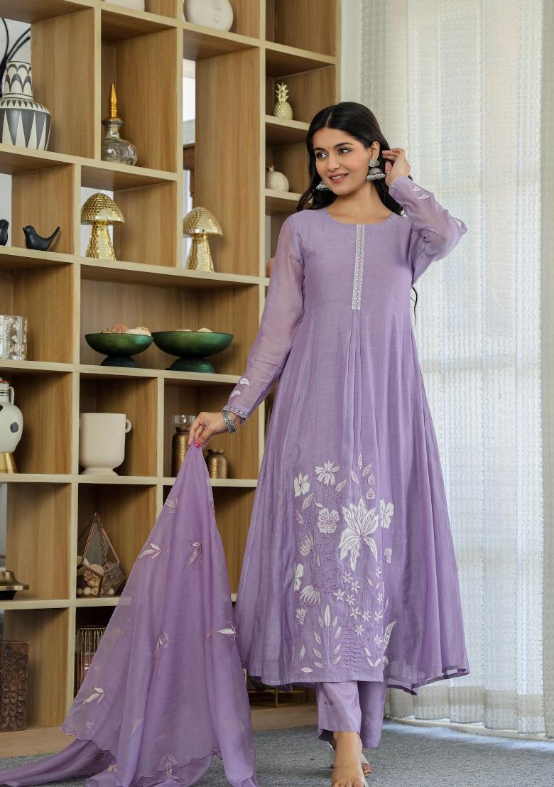 Lavender Thread Work Silk Blend Anarkali Set - Indya