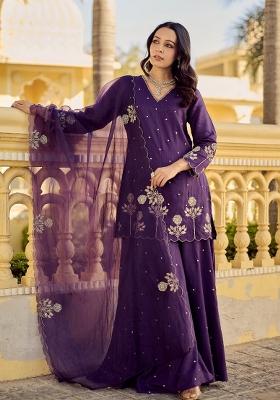 Purple Embroidered Silk Sharara Set