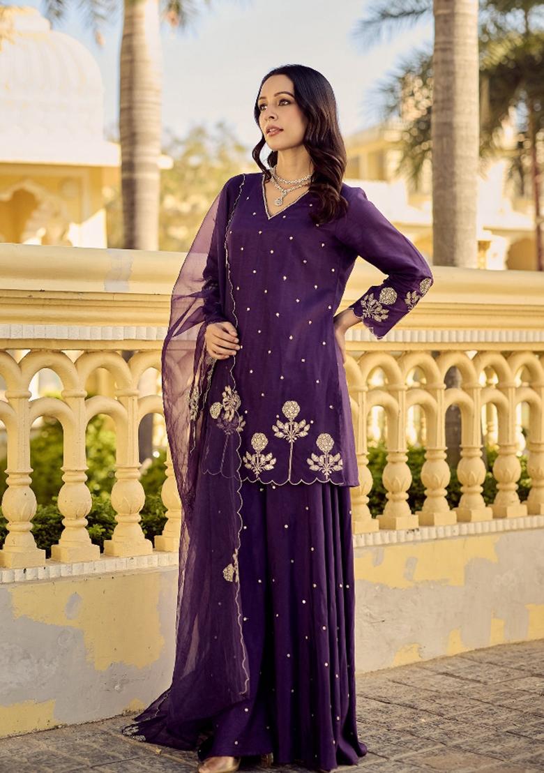 Purple Embroidered Silk Sharara Set - Indya
