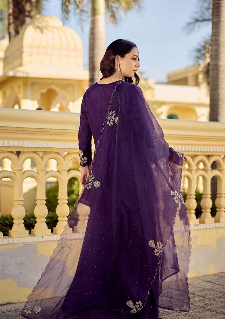 Purple Embroidered Silk Sharara Set - Indya