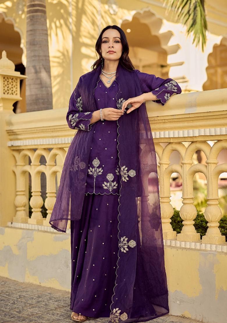 Purple Embroidered Silk Sharara Set - Indya