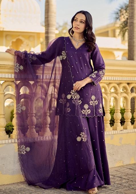 Purple Embroidered Silk Sharara Set