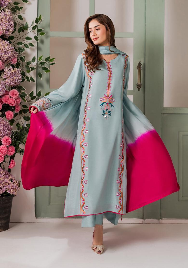 Sky Blue Thread Work Crepe Palazzo Set - Indya