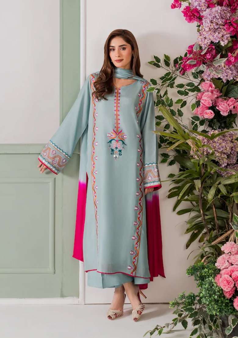 Sky Blue Thread Work Crepe Palazzo Set - Indya