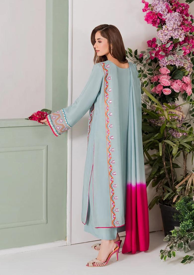 Sky Blue Thread Work Crepe Palazzo Set - Indya