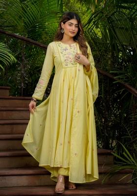 Yellow Thread Work Silk Blend Kurta Set