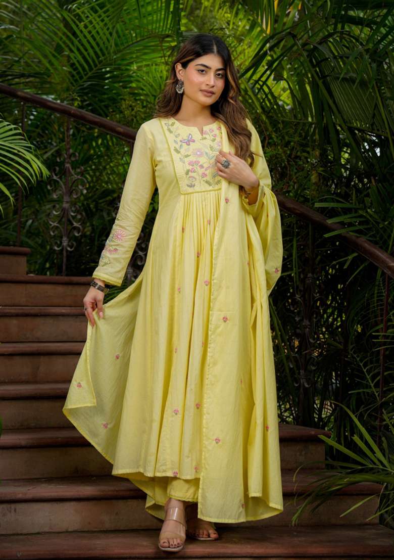 Yellow Thread Work Silk Blend Kurta Set - Indya