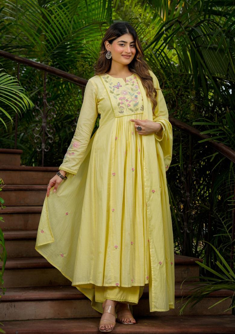 Yellow Thread Work Silk Blend Kurta Set - Indya