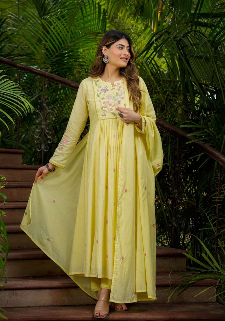 Yellow Thread Work Silk Blend Kurta Set - Indya