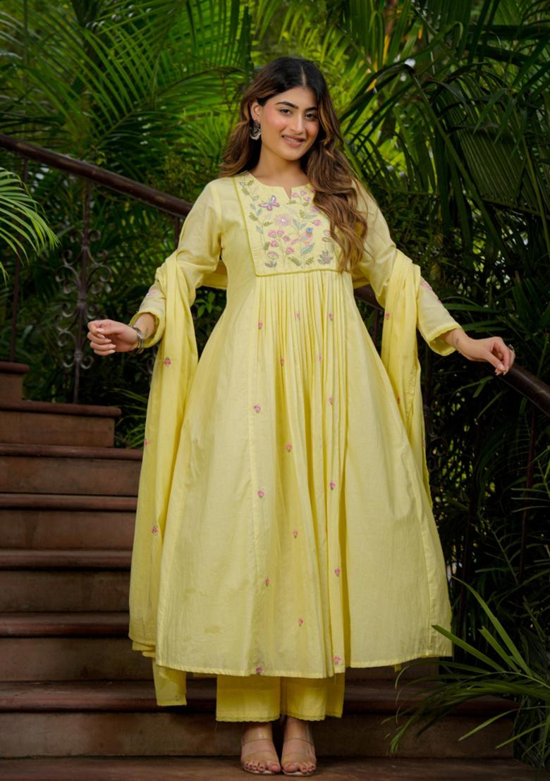 Yellow Thread Work Silk Blend Kurta Set - Indya