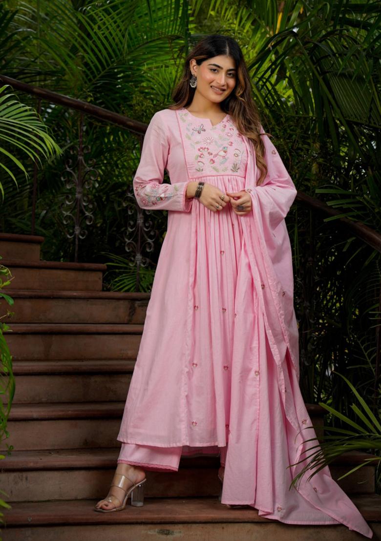 Pink Thread Work Silk Blend Kurta Set - Indya
