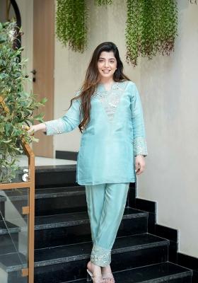 Sky Blue Embroidered Silk Blend Kurta Set
