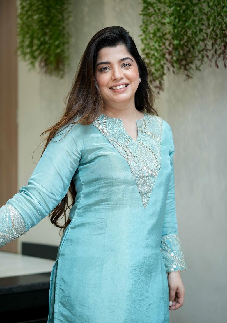 Sky Blue Embroidered Silk Blend Kurta Set - Indya