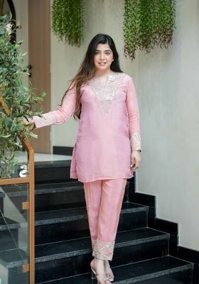 Baby Pink Embroidered Silk Blend Kurta Set