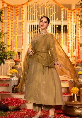 Golden Embroidered Silk Blend Anarkali Set