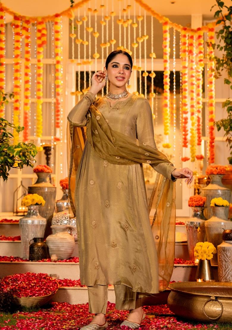Golden Embroidered Silk Blend Anarkali Set - Indya