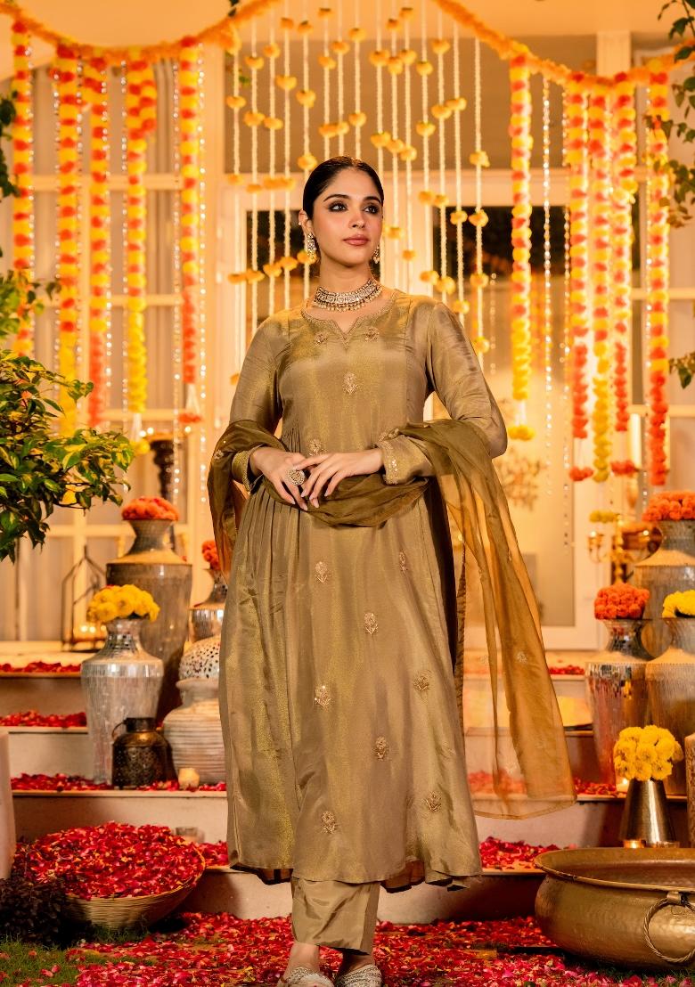 Golden Embroidered Silk Blend Anarkali Set - Indya