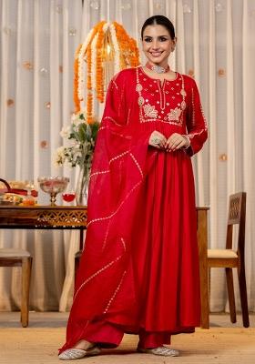 Red Embroidered Silk Blend Kurta Set