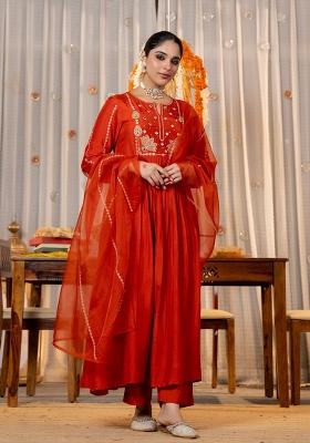 Orange Embroidered Silk Blend Kurta Set