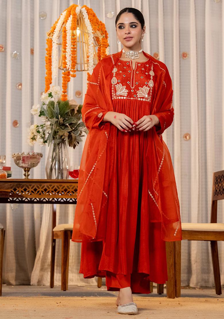 Orange Embroidered Silk Blend Kurta Set - Indya