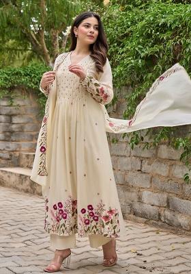 Cream Thread Work Silk Blend Anarkali Set