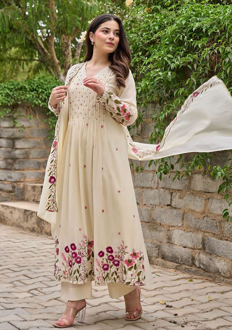 Cream Thread Work Silk Blend Anarkali Set - Indya