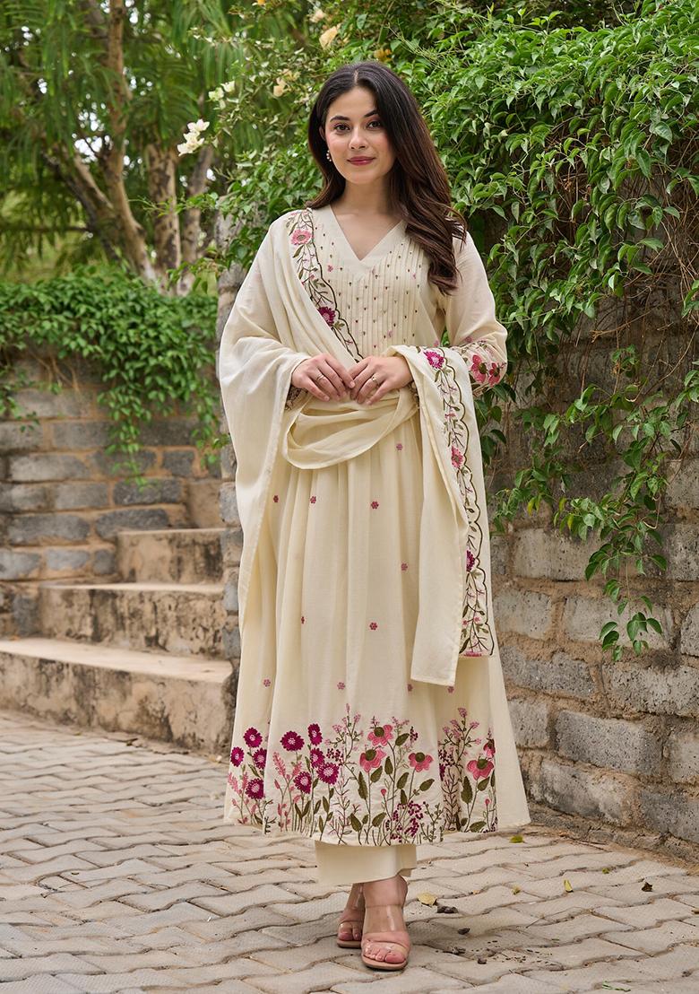 Cream Thread Work Silk Blend Anarkali Set - Indya