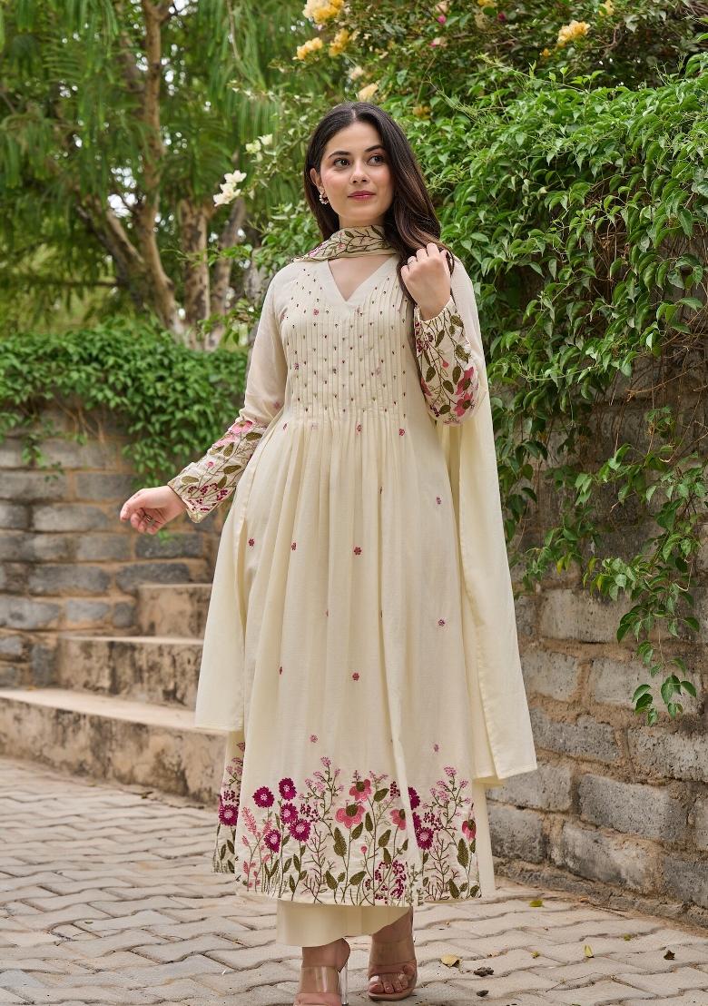 Cream Thread Work Silk Blend Anarkali Set - Indya