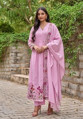 Baby Pink Thread Work Silk Blend Anarkali Set