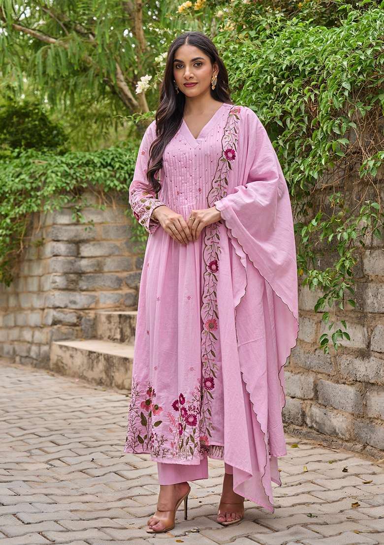 Baby Pink Thread Work Silk Blend Anarkali Set - Indya