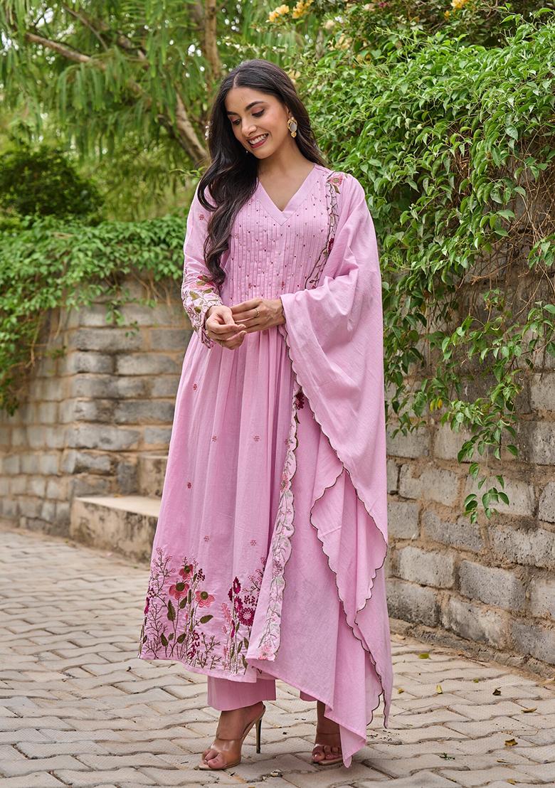 Baby Pink Thread Work Silk Blend Anarkali Set - Indya
