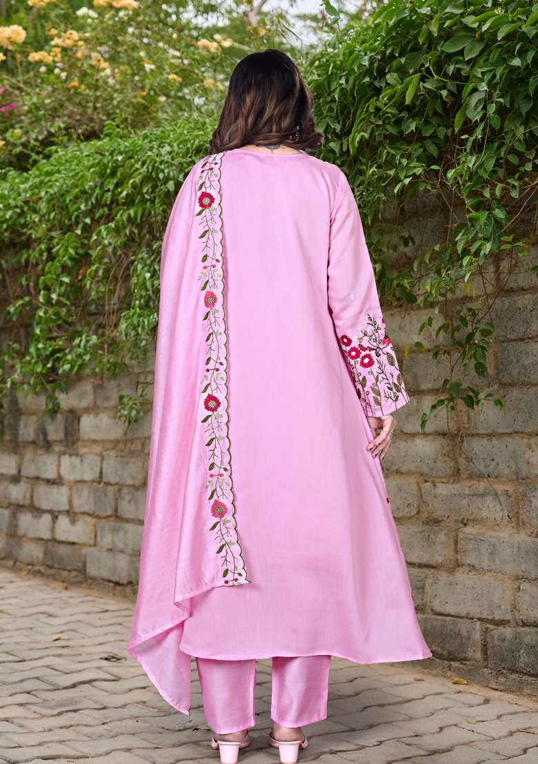 Baby Pink Thread Work Silk Blend Anarkali Set - Indya