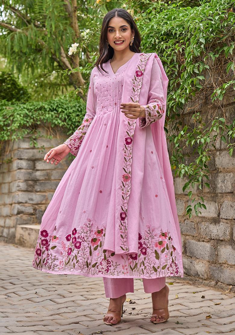 Baby Pink Thread Work Silk Blend Anarkali Set - Indya