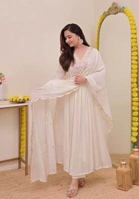 White Embroidered Silk Anarkali Set