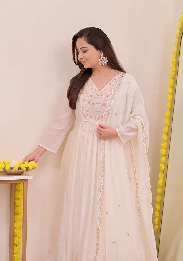 White Embroidered Silk Anarkali Set - Indya