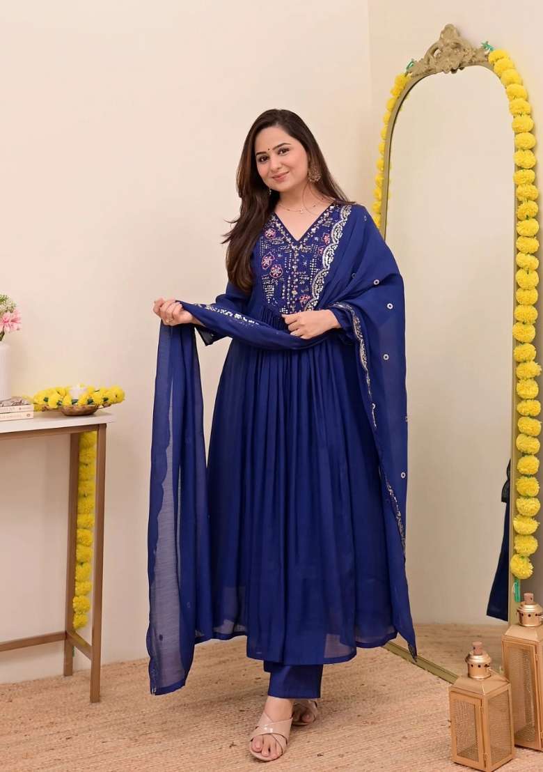 Blue Embroidered Silk Anarkali Set - Indya
