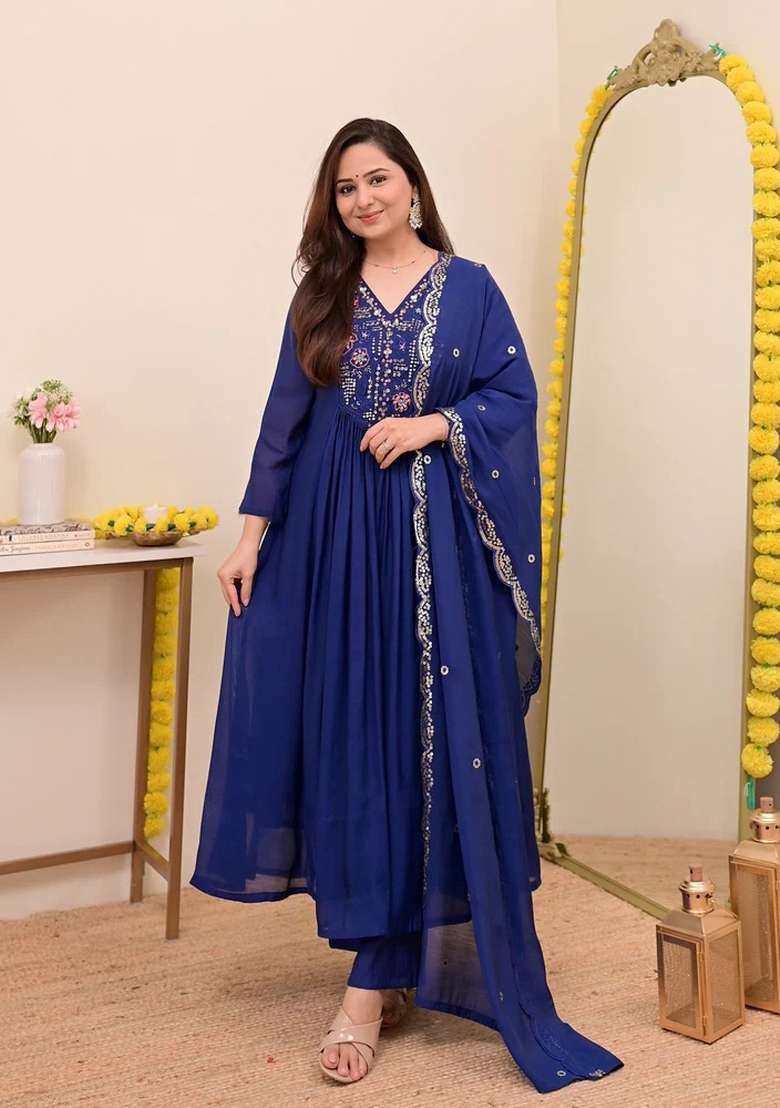 Blue Embroidered Silk Anarkali Set - Indya