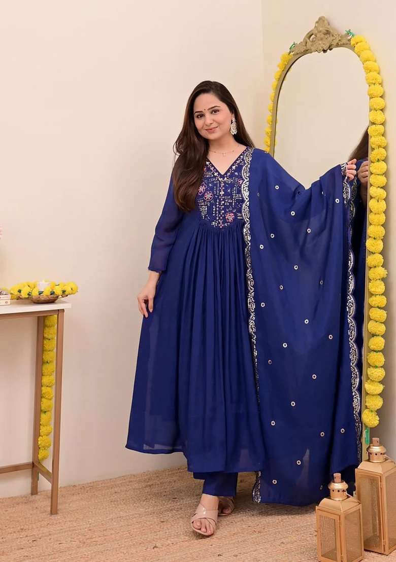 Blue Embroidered Silk Anarkali Set - Indya