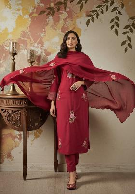 Maroon Thread Work Silk Blend Kurta Set