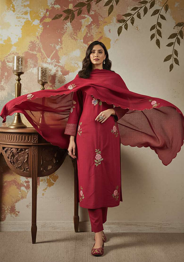 Maroon Thread Work Silk Blend Kurta Set - Indya