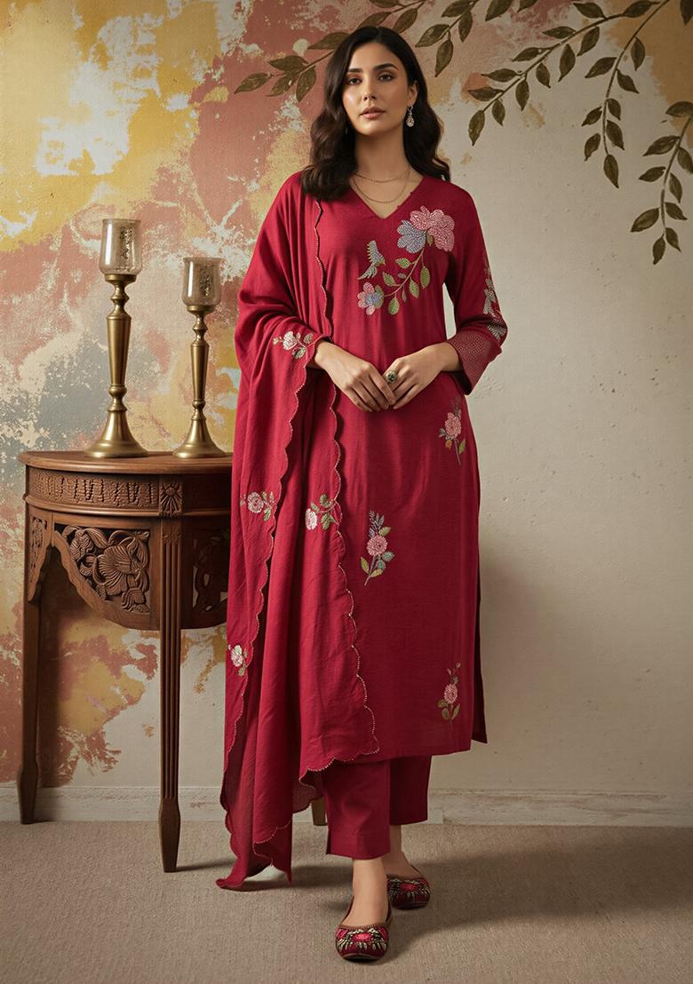 Maroon Thread Work Silk Blend Kurta Set - Indya