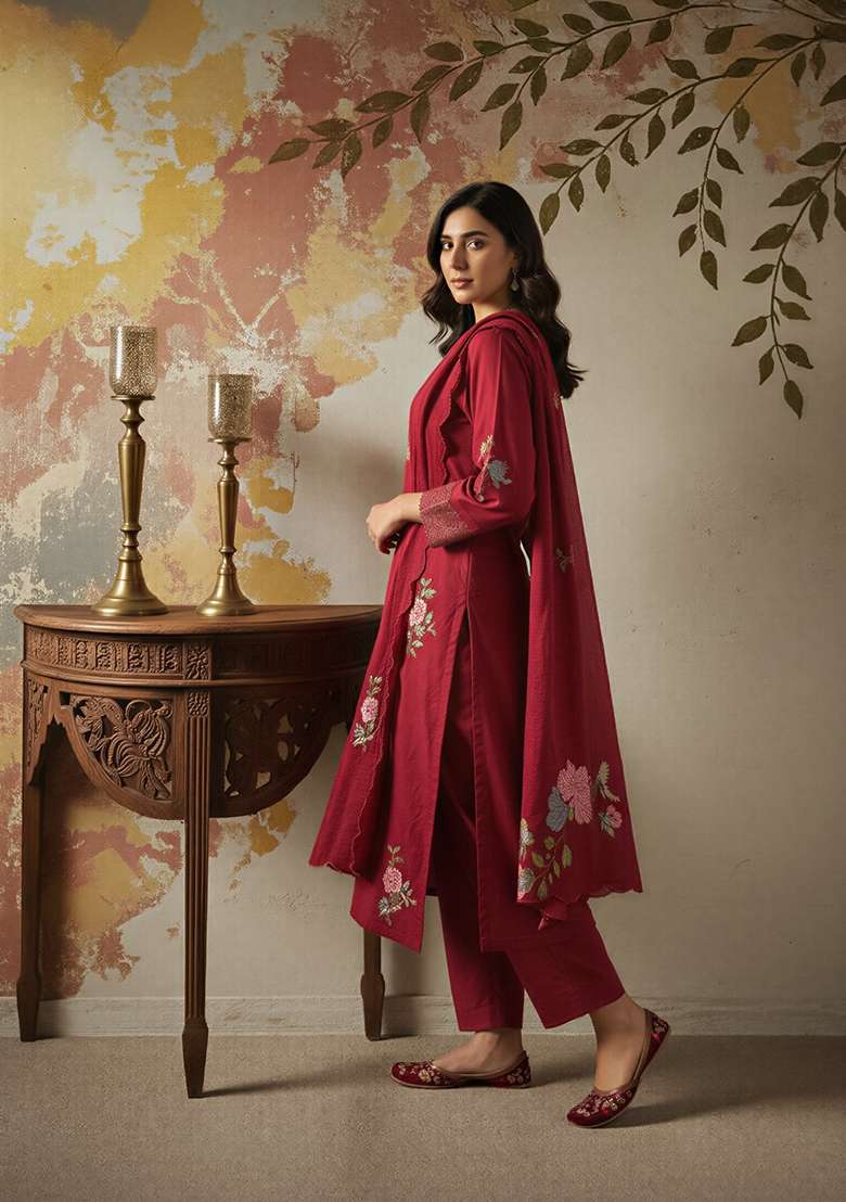 Maroon Thread Work Silk Blend Kurta Set - Indya