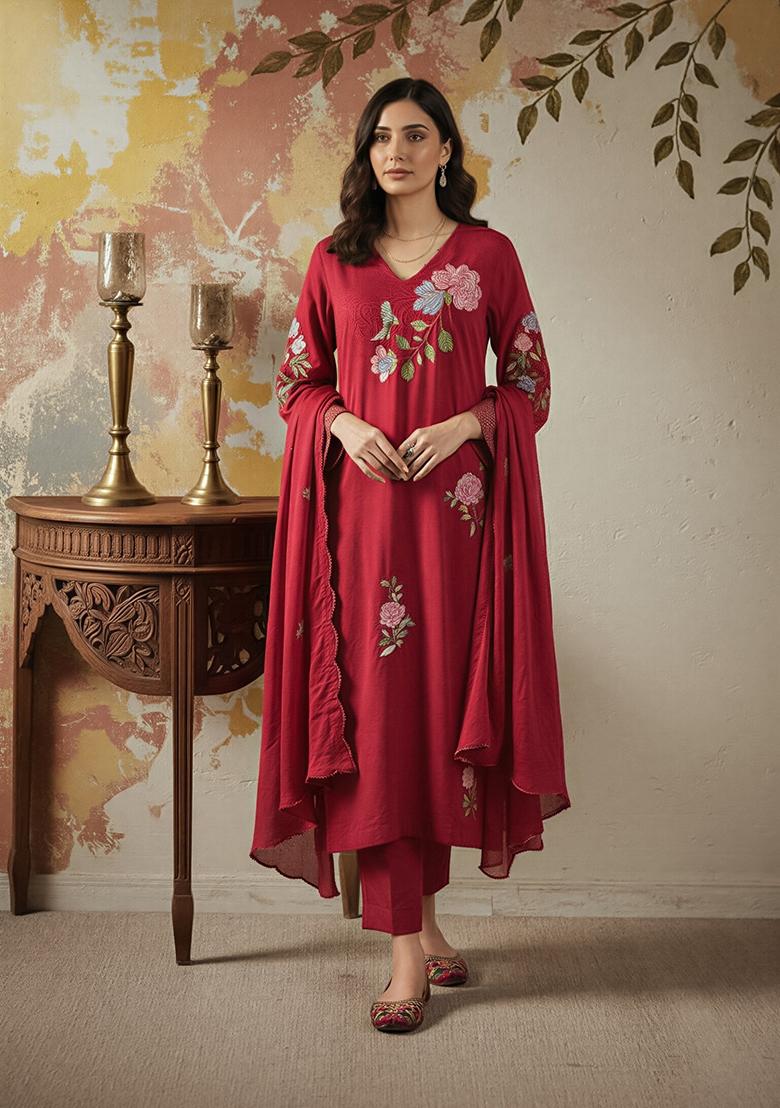 Maroon Thread Work Silk Blend Kurta Set - Indya