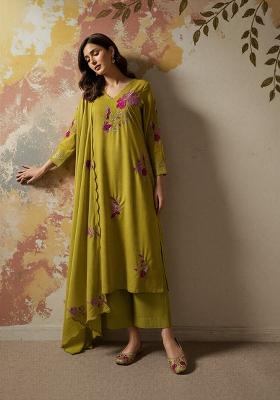 Mustard Thread Work Silk Kurta Set
