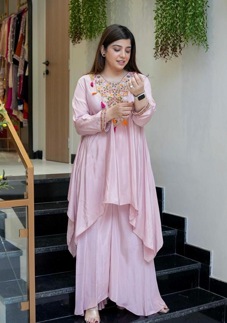 Baby Pink Embroidered Crepe Palazzo Set - Indya