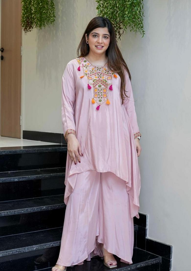 Baby Pink Embroidered Crepe Palazzo Set - Indya