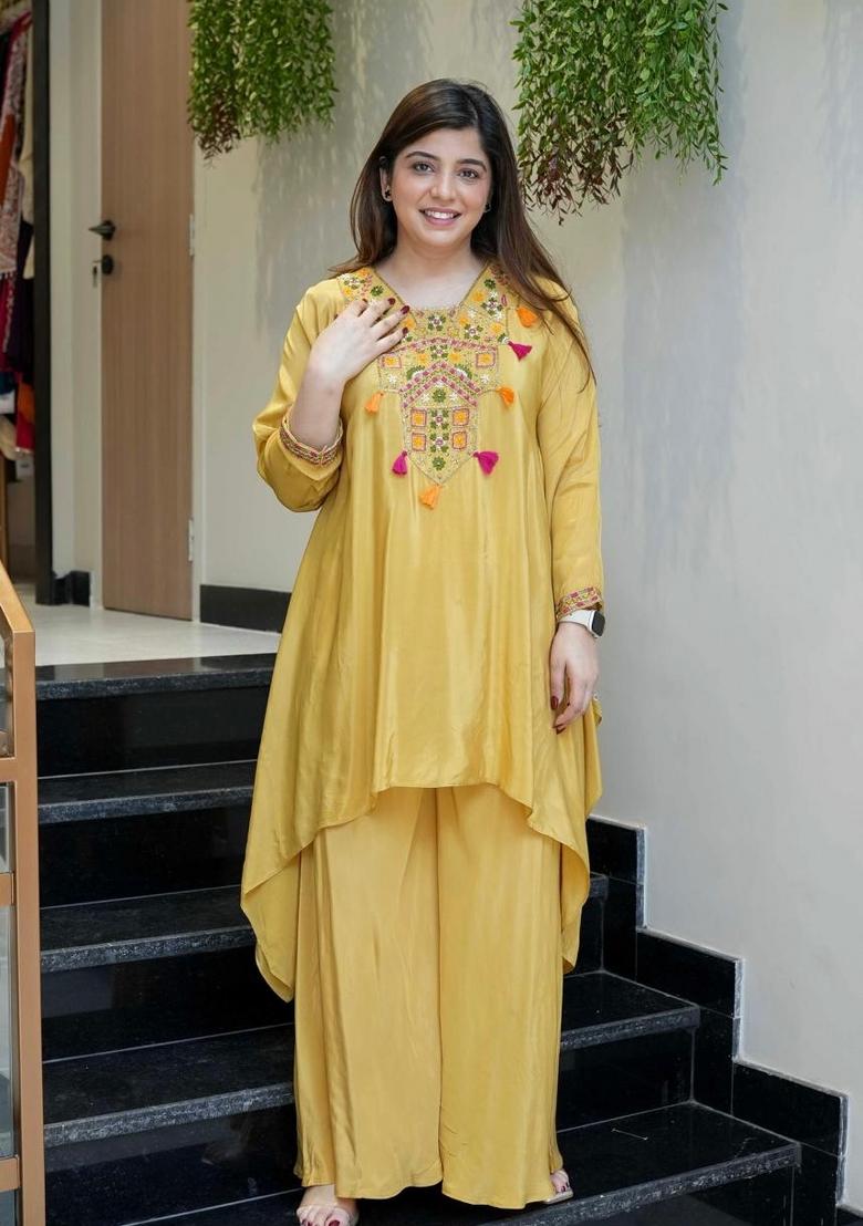 Yellow Embroidered Crepe Palazzo Set - Indya