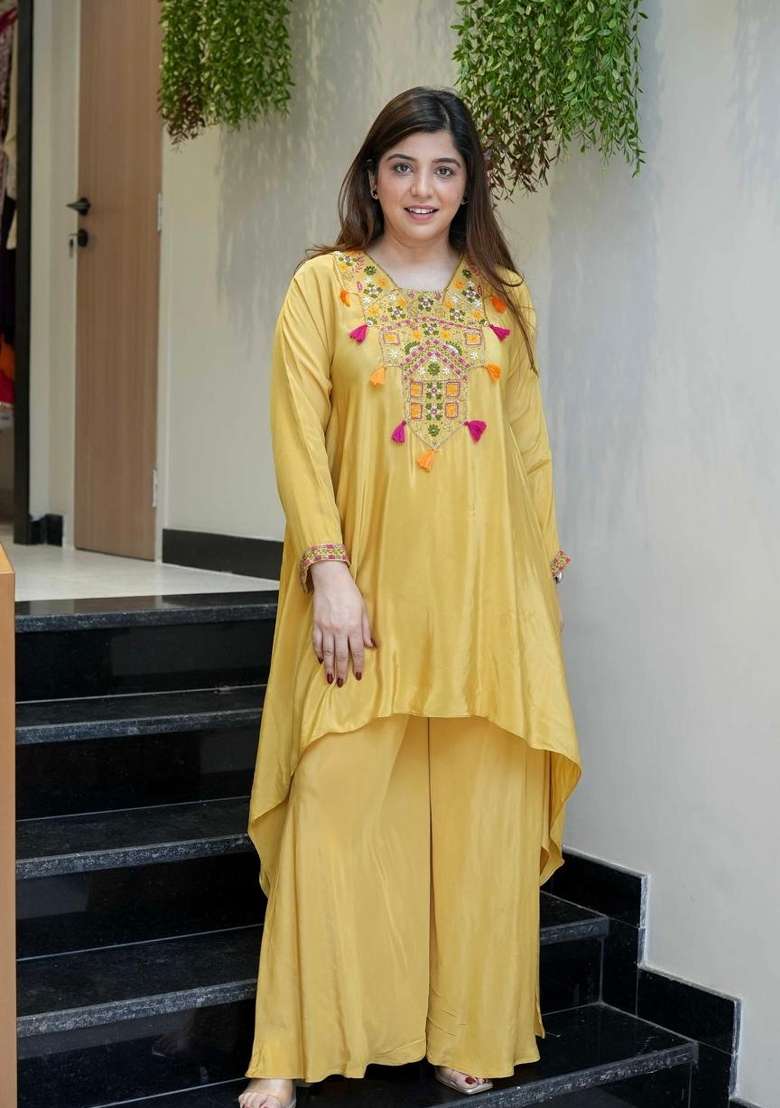 Yellow Embroidered Crepe Palazzo Set - Indya